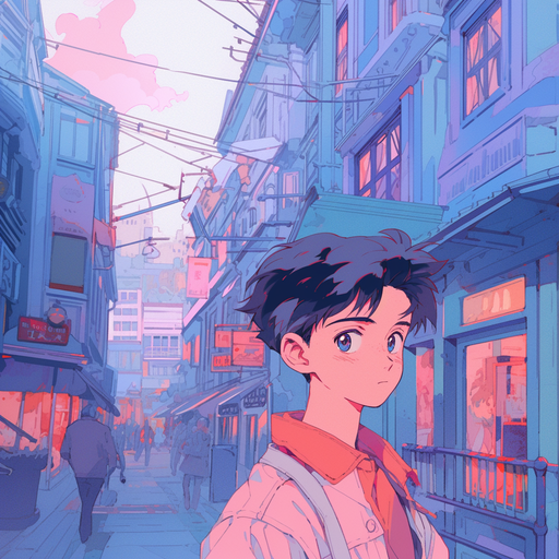 Illustration of Shinji from Neon Genesis Evangelion, with a Studio Ghibli-style in an old city backdrop.