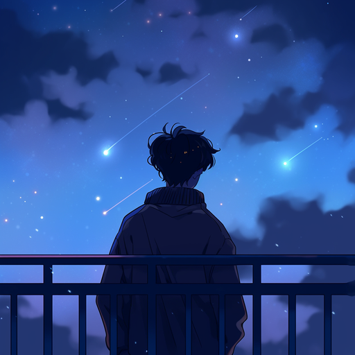 Silhouette of a boy under a starry night sky, expressing deep sadness and sleeplessness.