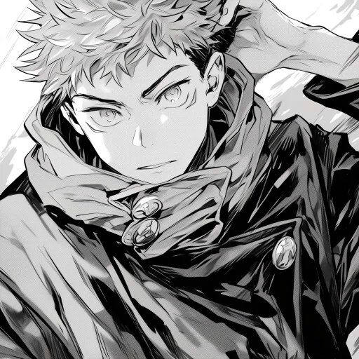 Monochrome profile picture of a confident anime character with spiky hair and a determined expression, wearing a high-collared cloak.