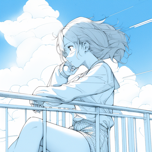 A melancholic anime character sitting on a railing, gazing at the sky in a pencil sketch style.