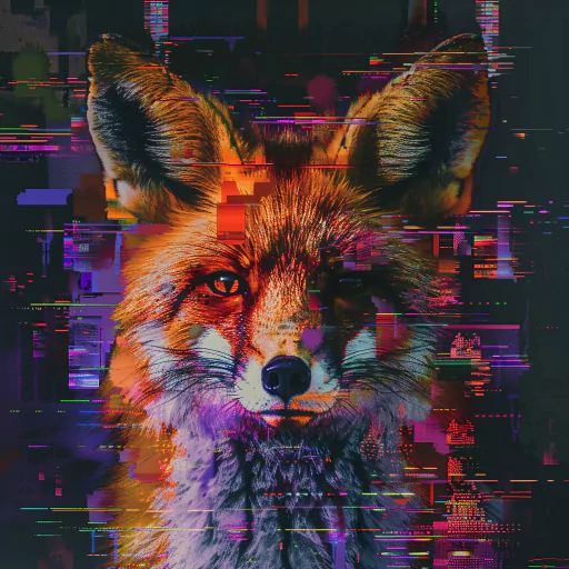 A close-up of a fox with glitch art effects, featuring a mix of vibrant colors and digital distortions.