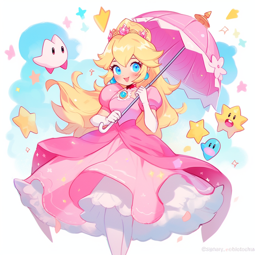 Princess Peach with a joyful expression, wearing a crown and a pink dress.