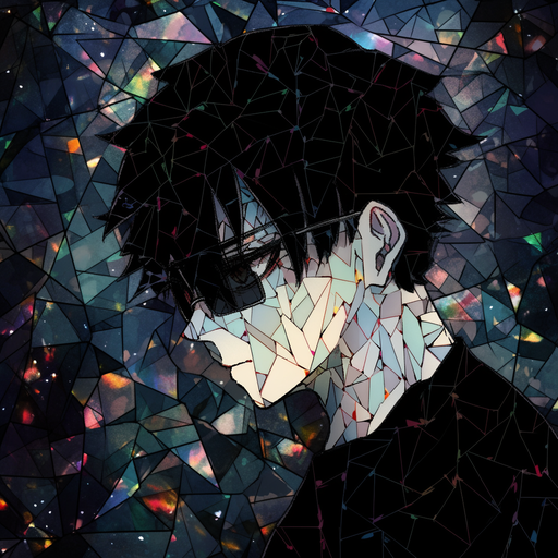 Lonely adult anime character with a sad expression in a glass mosaic style