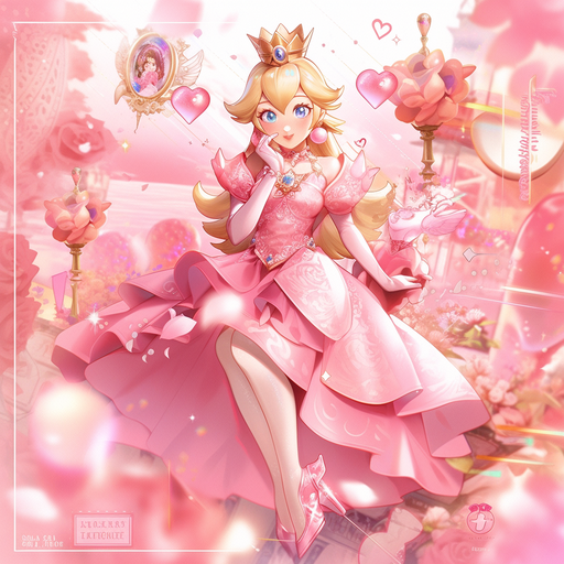 Golden-haired Princess Peach dressed in regal attire with a gentle smile.