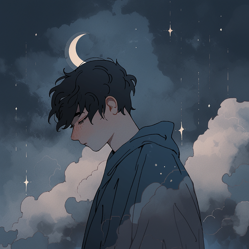 Lonely boy gazes at a starry night sky, burdened by sadness and insomnia.