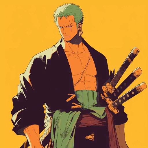 Illustration of an animated character with green hair and three swords, set against a yellow background, ideal for use as a profile picture or avatar.