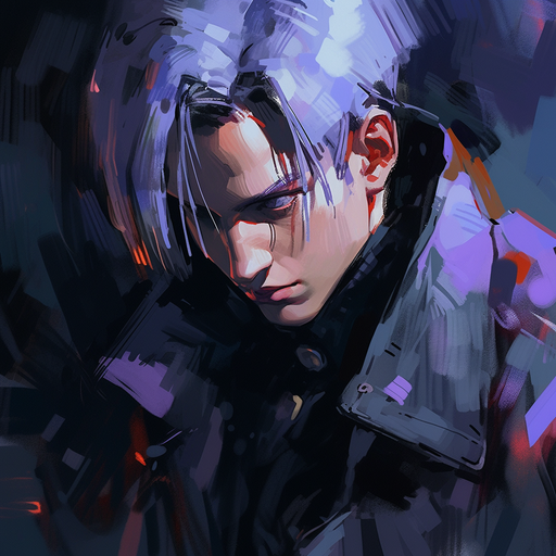 Trunks from Dragonball anime portrayed in an artistic oil painting style with brush strokes.