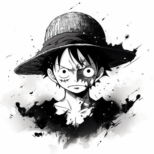 Black and white illustration of Luffy from One Piece manga.