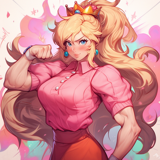 Buff Princess Peach pfp with a determined and confident pose.