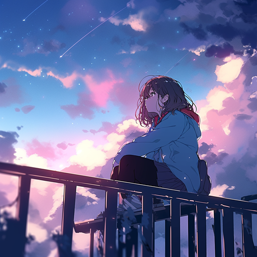 Lonely anime character sitting on a railing, gazing at the sky.