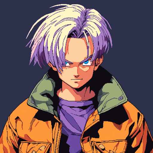 Young Trunks in a pixelated art style, showcasing his Dragon Ball anime design.