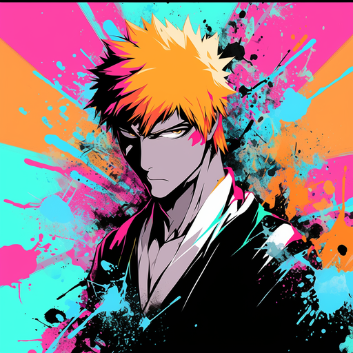 Ichigo Kurosaki, main character from Bleach anime, in colorful pop art style.