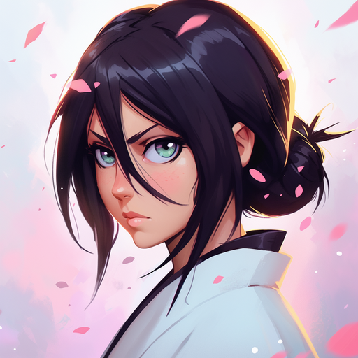 Colorful artistic portrayal of Rukia Kuchiki character from Bleach, resembling an oil painting.