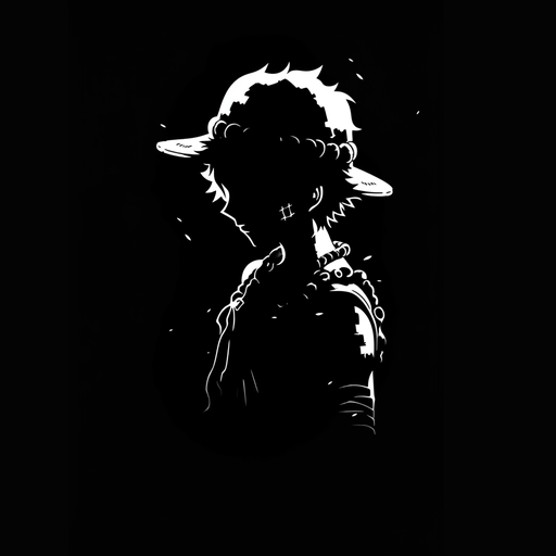 Black and white silhouette of Luffy from One Piece on a black background.