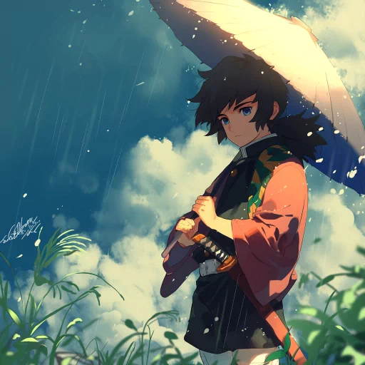 Anime-inspired avatar of a character resembling Giyu with an umbrella, set against a backdrop of blue skies and greenery, ideal for a profile picture.