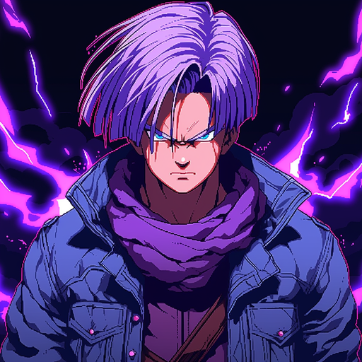 Trunks, a character from Dragonball, portrayed in a pixel art style.