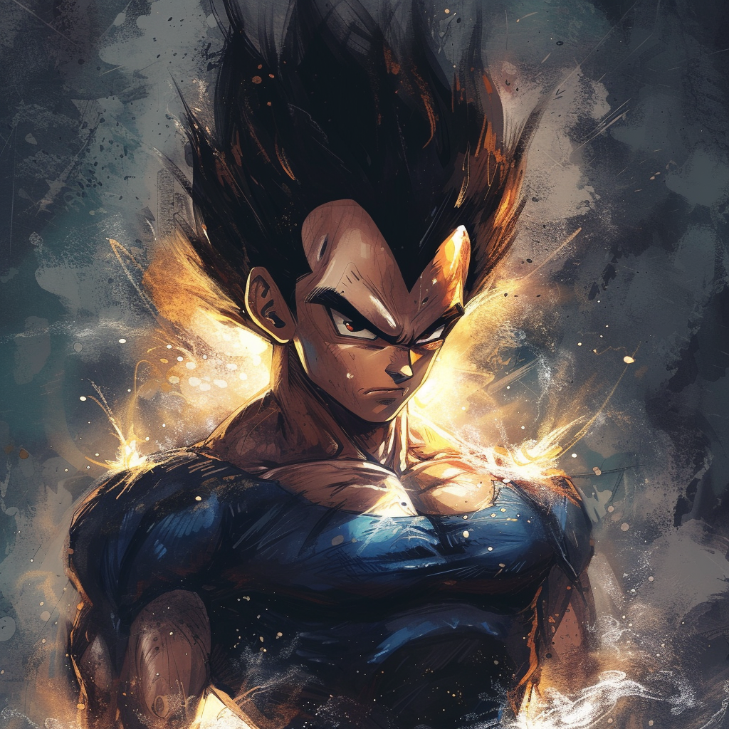 Artistic avatar of Vegeta with a dynamic and intense expression, ideal for a profile photo or PFP, showcasing the character's signature look with a powerful aura.