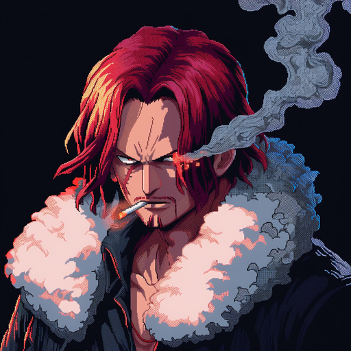 Shanks, the character from One Piece anime, in pixel artstyle with a vibrant color palette.