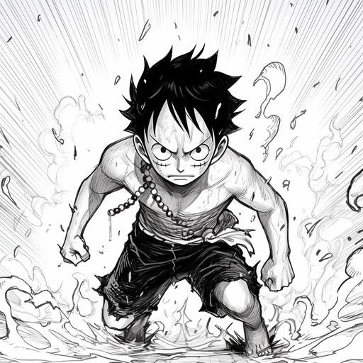 Black and white manga-style portrait of Luffy from One Piece.