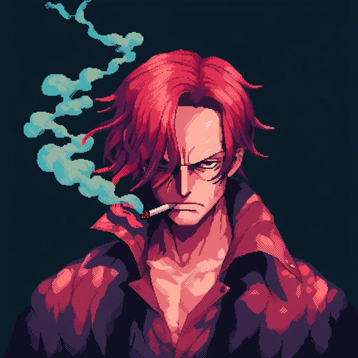 Pixel art portrait of Shanks from One Piece anime with a vibrant and artistic style.