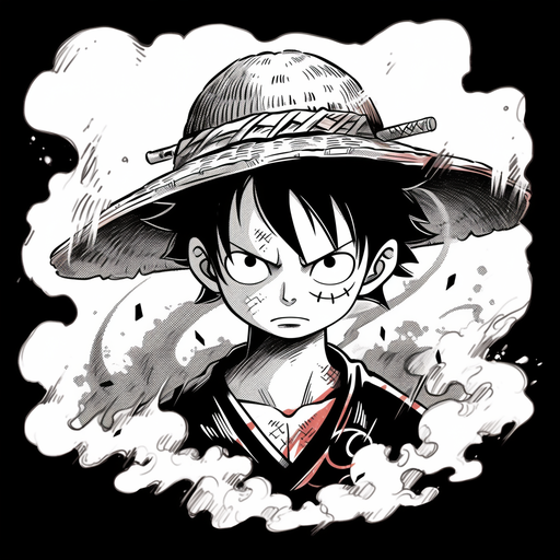 Black and white portrait of Luffy from One Piece manga.