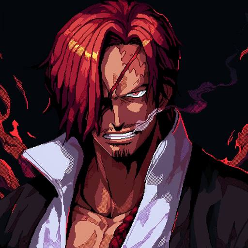 Pixel art portrait of Shanks from One Piece anime, showcasing a Behance art style by niji.