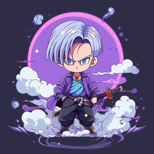 Chibi Trunks from Dragonball Z against a vivid background.