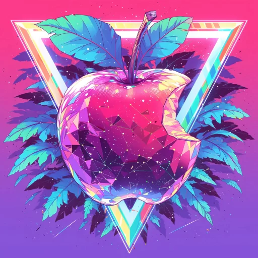 Colorful geometric apple profile picture with neon pink and blue background encased in a triangle design.