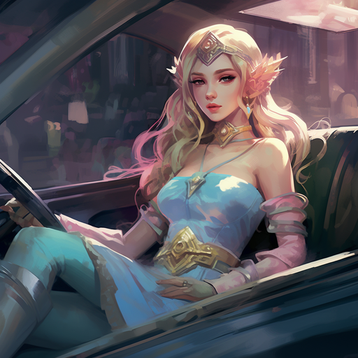 Princess Zelda in a sleek car racing through a vibrant digital landscape.