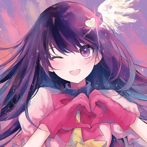 Alt Text: AI Hoshino anime style avatar with a cheerful expression and heart-shaped hand gesture, featuring vibrant colors and sparkling effects for a profile photo.