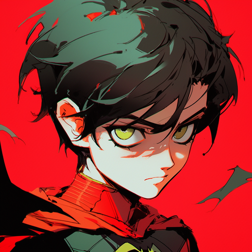 Anime-inspired Robin Boy from Batman on a red background, with dark green and yellow accents.