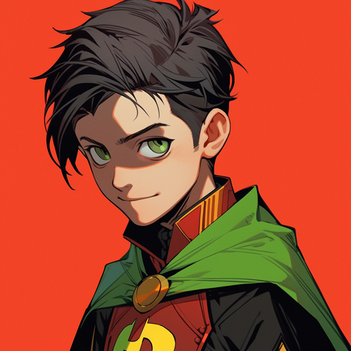An anime-inspired pfp of Robin, the Batman character. Dark green and yellow colors on a red background with charming animated features.