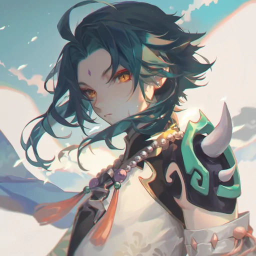 Stylized avatar of a character with teal hair and golden eyes wielding a spear against a backdrop of clouds and sky.