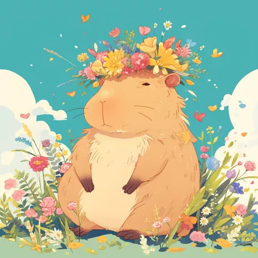 Illustration of a capybara with a flower crown for a cute profile picture.