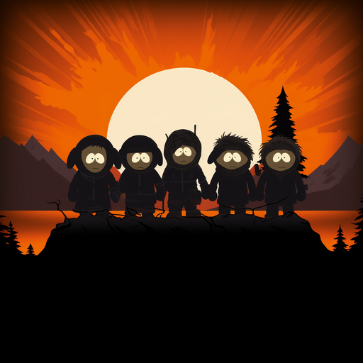 South Park character silhouettes in a funny style.