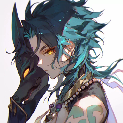 Illustrated Xiao avatar with teal hair and golden eyes for profile picture.