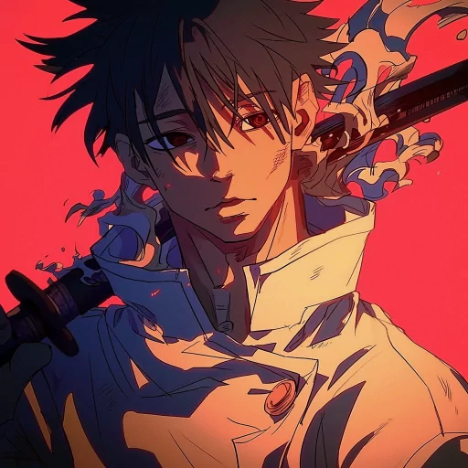 Illustrated profile picture of an animated character resembling Yuta Okkotsu with striking red eyes, set against a red backdrop.