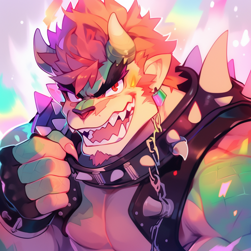 Bowser with flowing fiery hair and a fierce expression, surrounded by a halo of vivid colors.