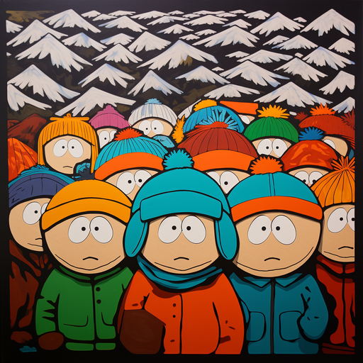 South Park character in relief printmaking style.