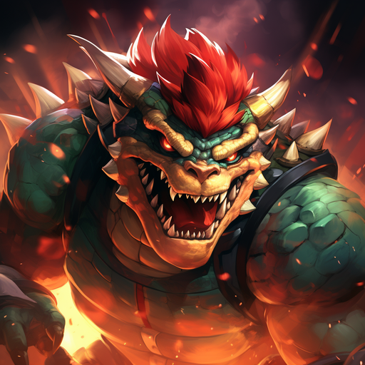 Fierce, roaring Bowser with fiery eyes and a menacing expression.