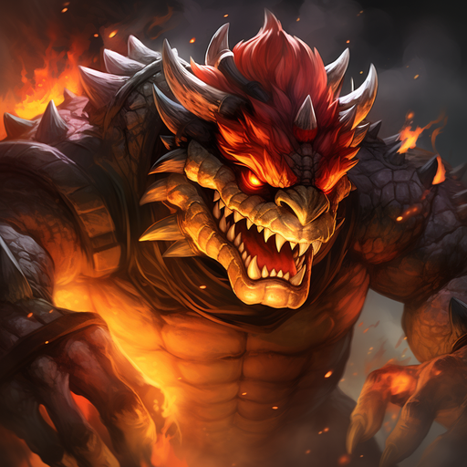 Bowser, a fierce video game character with spikey hair, sharp fangs, and a fire-breathing ability.