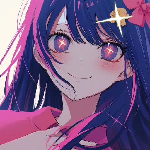 AI Hoshino avatar featuring anime-style character with sparkling eyes and vibrant blue hair, adorned with a pink flower clip.