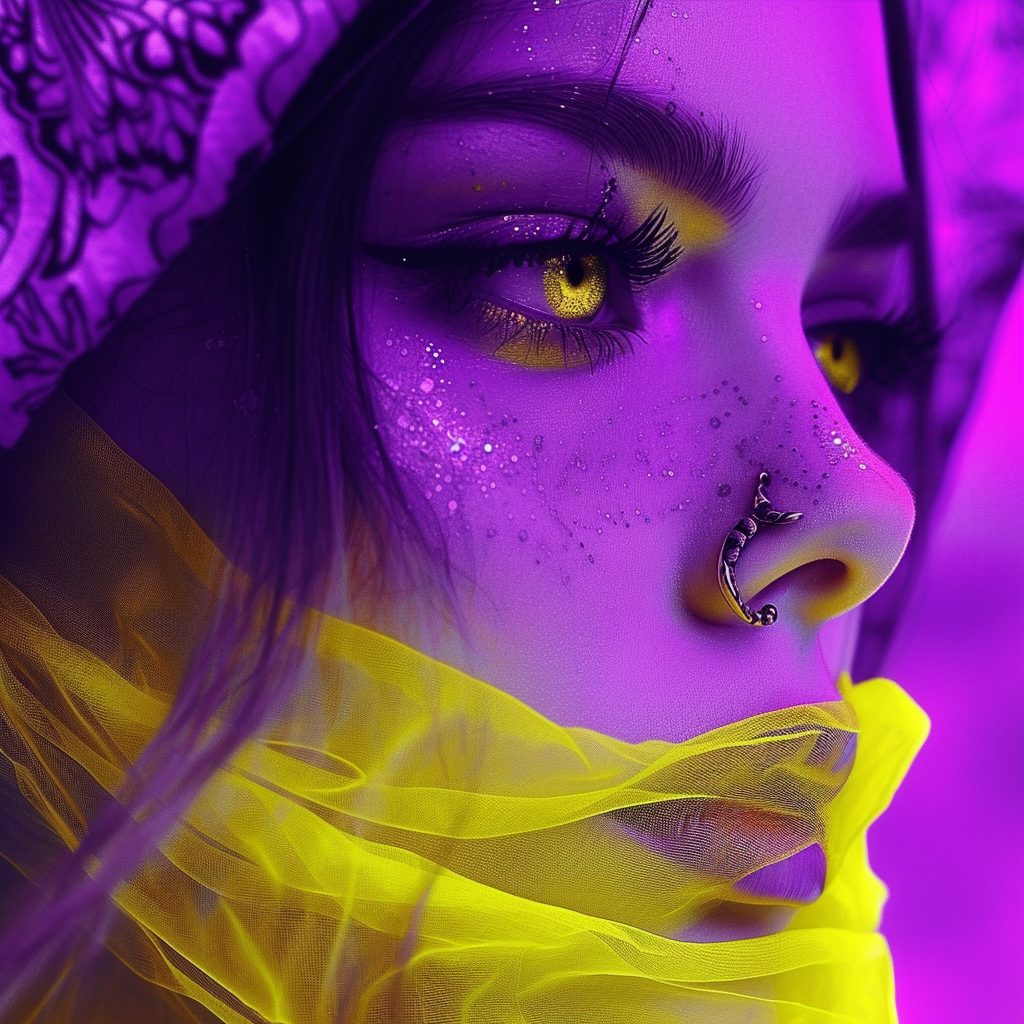 Aesthetic profile picture of a digital avatar with purple skin, yellow eyes, and yellow scarf.
