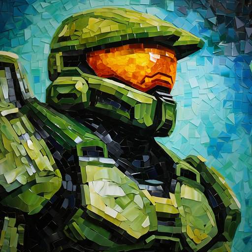 Close-up portrait of Master Chief with a glass mosaic style.