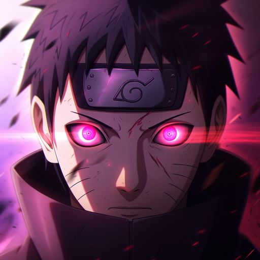 Obito Uchiha, a character from Naruto, with a geometric background.