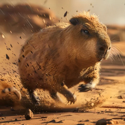 Dynamic capybara avatar showing a close-up of the animal running with sand flying around, ideal for a profile picture or social media icon.