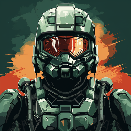 Symmetrical, flat icon design of Master Chief, a character from a video game