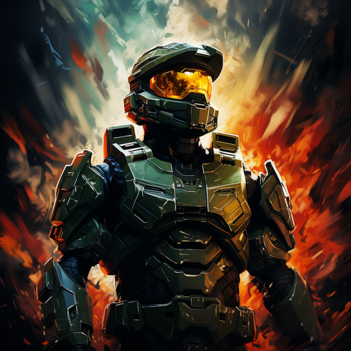 Colorful digital portrait of Master Chief from the video game series Halo.