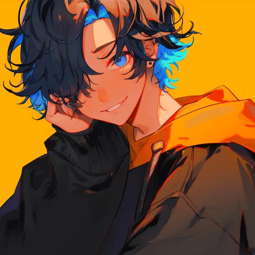 Anime boy avatar with blue hair and a warm smile, wearing an orange hoodie against a yellow background, suitable for use as a profile picture or icon.