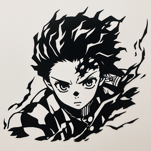 Profile picture of Tanjiro from Demon Slayer in relief printmaking style.